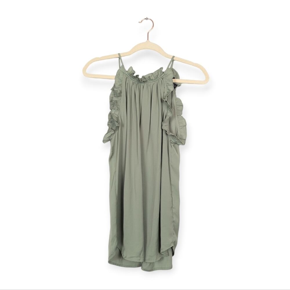 Fifteen Twenty Sage Green Satin Ruffle Neck Keyhole Tank Top